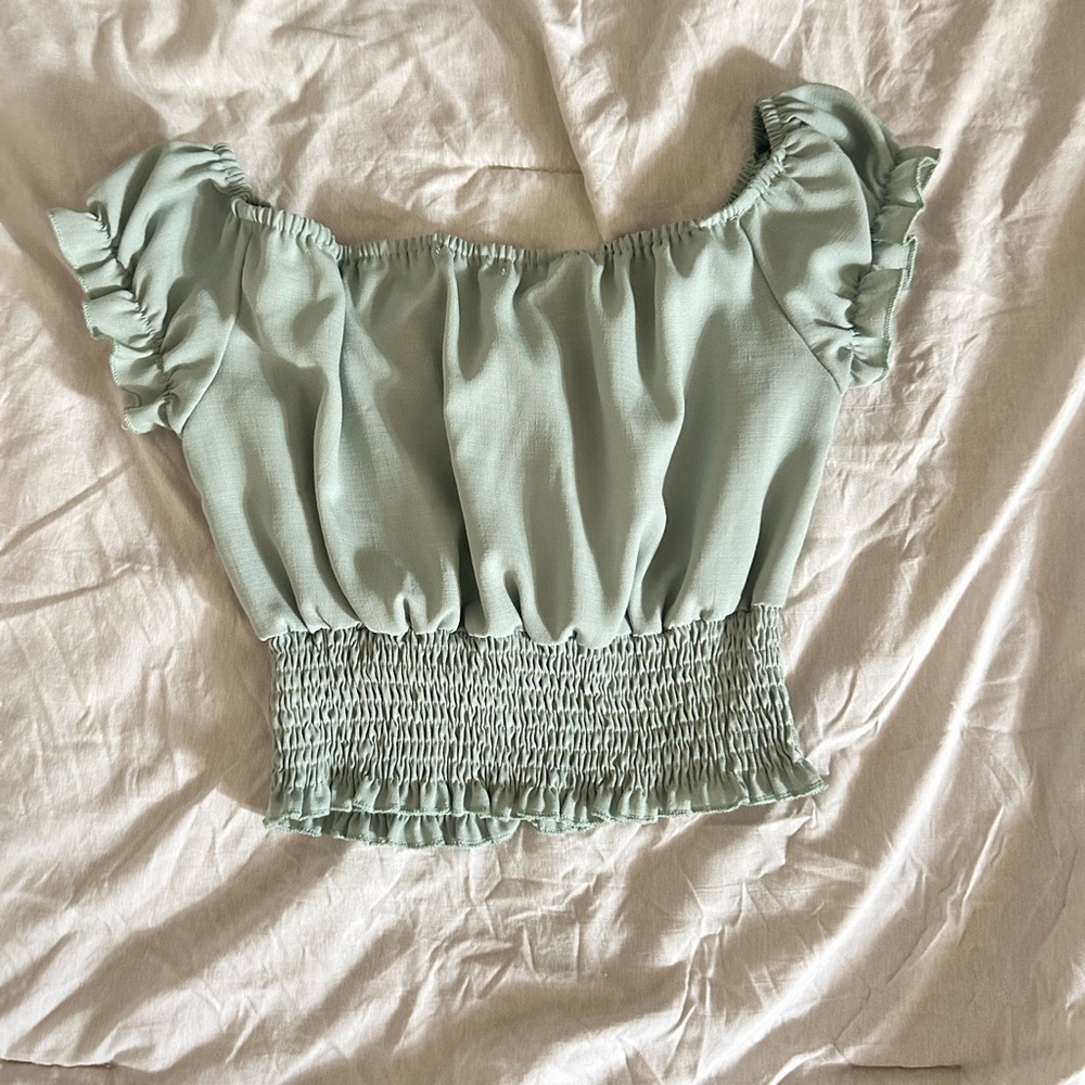 SHEIN Light Green Off-Shoulder Smocked Crop Top